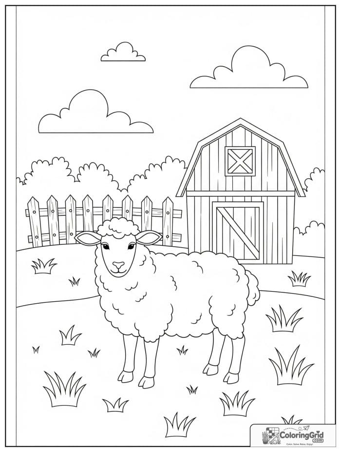 Sheep with barn background black and white line art.