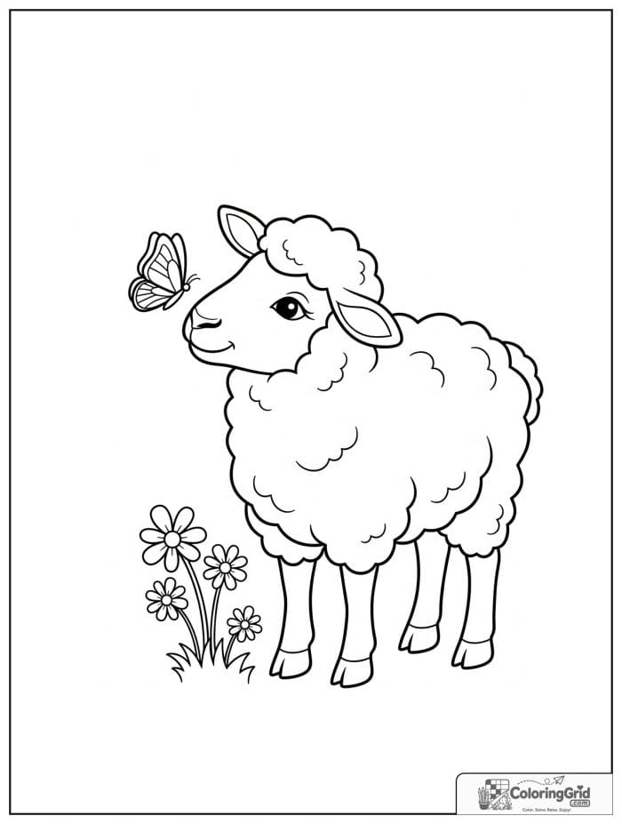 Sheep with butterfly black and white line art.