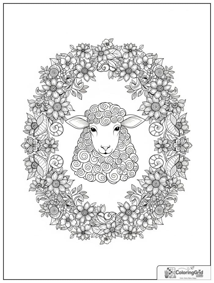Sheep with floral border black and white line art.