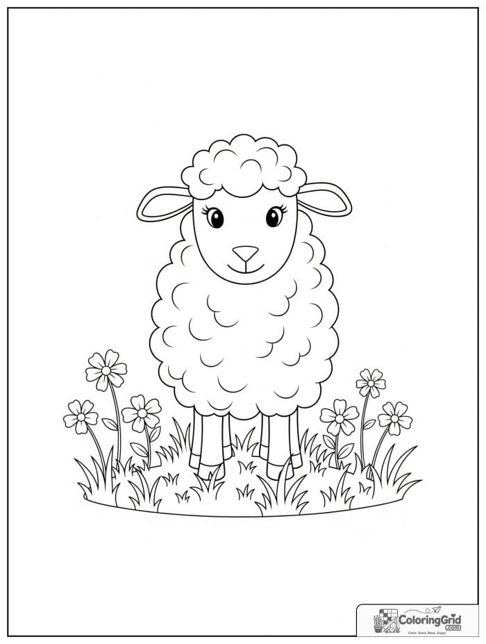 Sheep with flower meadow black and white drawing.