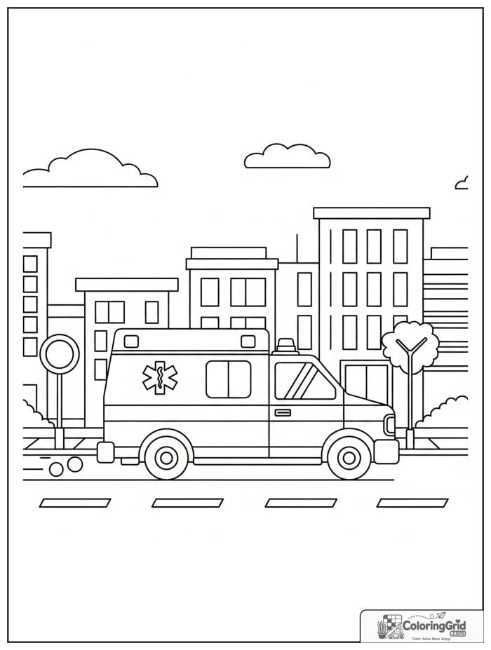 Side view ambulance driving in a city scene