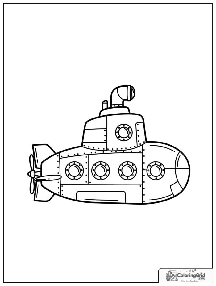 Simple classic submarine vehicle coloring page with portholes and periscope