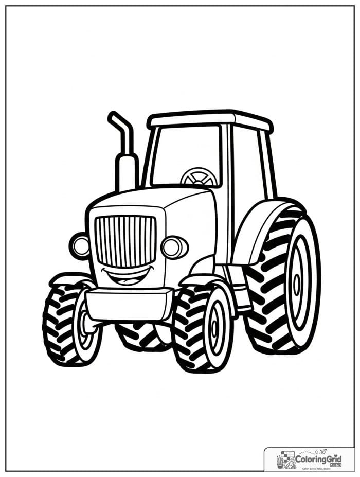 Simple front view tractor with big wheels in black and white line art.
