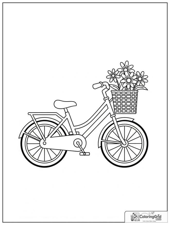 Simple kids bicycle with a front basket and flowers.