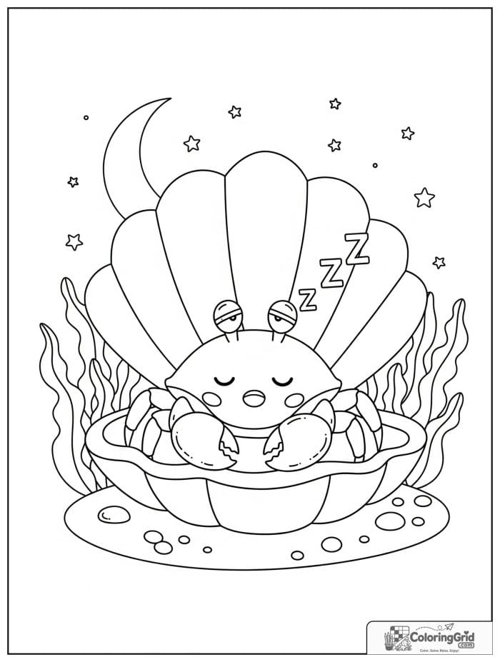A sleepy crab naps in a giant seashell on a quiet shore with seaweed, pebbles, and stars.