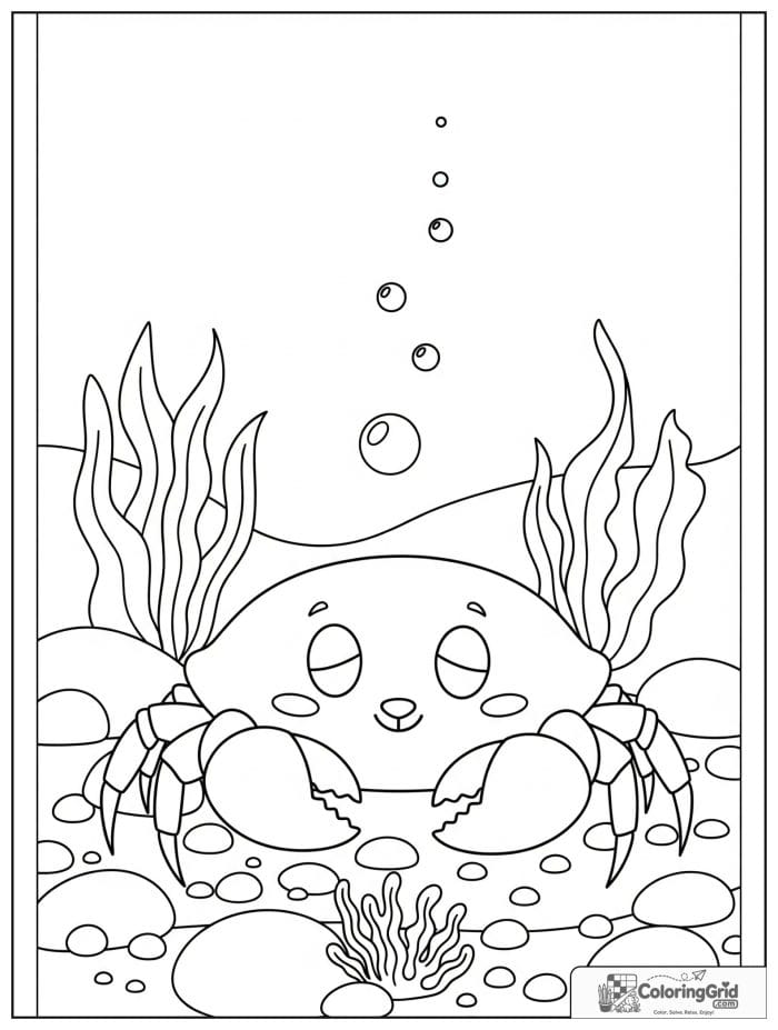 A sleepy crab rests in a tide pool with smooth pebbles, seaweed, and floating bubbles.