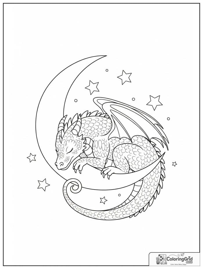 Sleepy dragon on crescent moon coloring sheet