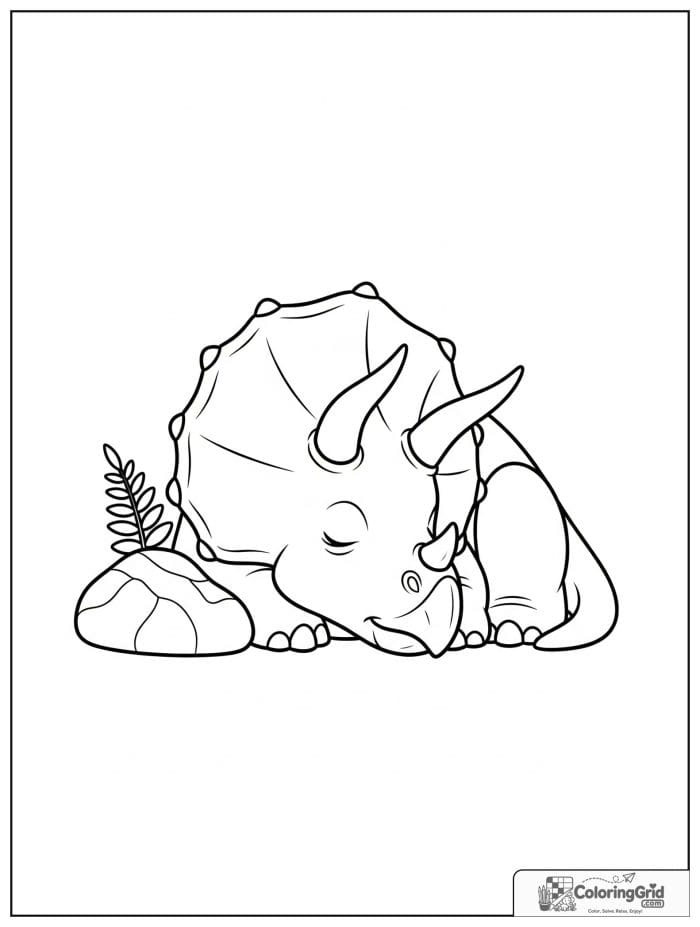 Sleepy triceratops on rock coloring sheet