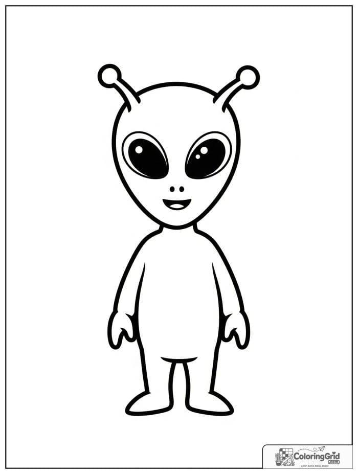 Smiling alien standing in black and white line art.
