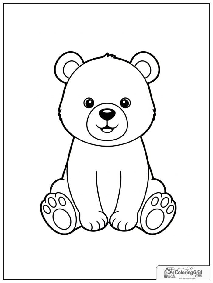Smiling bear cub sitting with rounded paws.