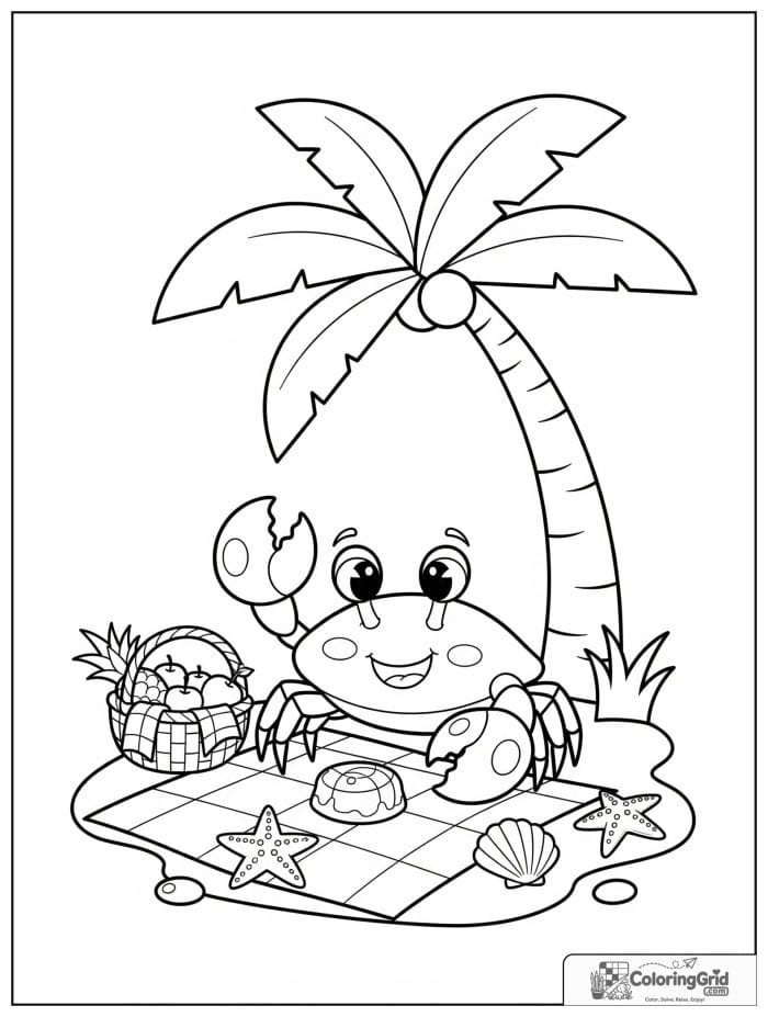 A smiling crab enjoys a seaside picnic under a palm tree with fruit, shells, and a starfish.