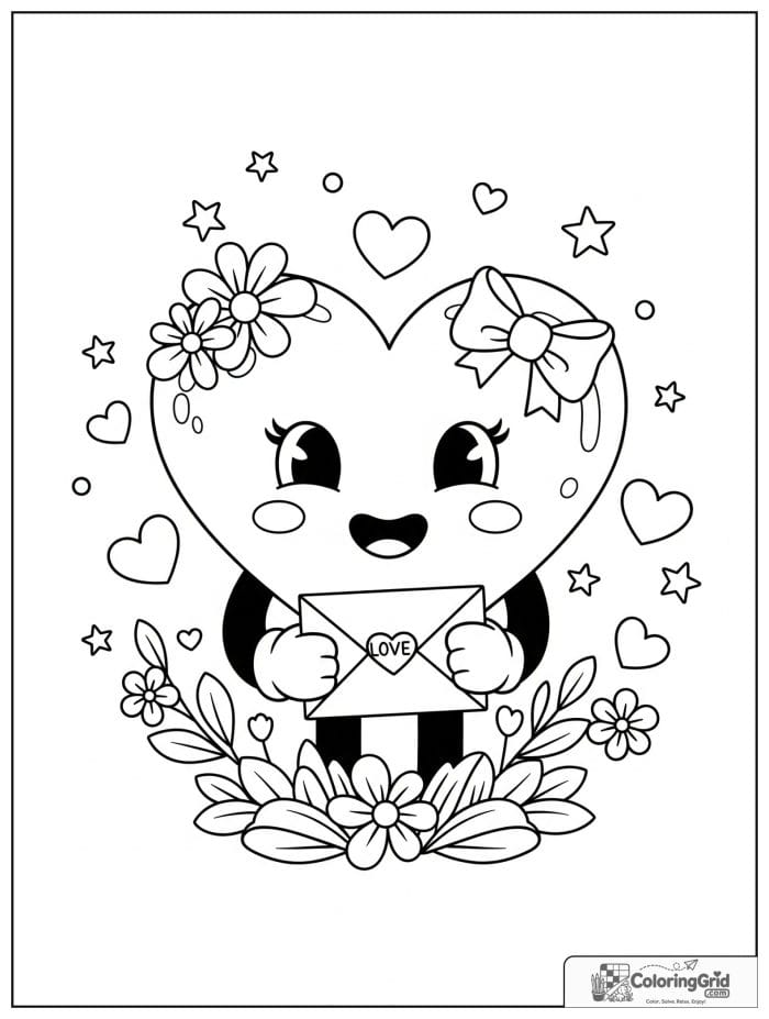 Smiling heart holding love letter Valentine's Day coloring page