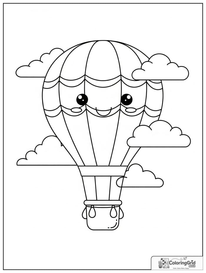 Smiling hot air balloon with clouds coloring sheet
