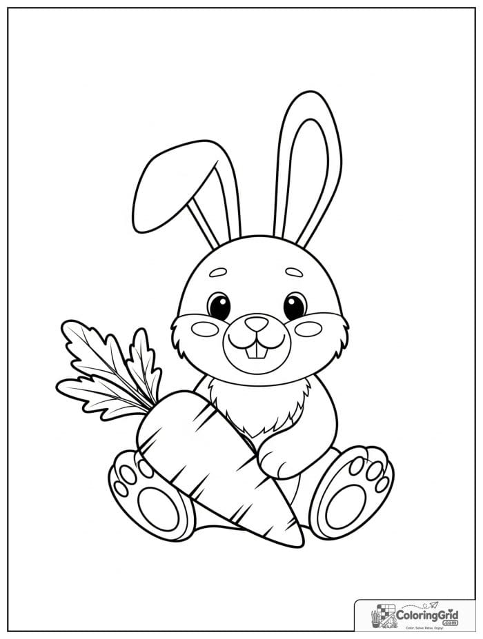 Smiling rabbit sitting beside a carrot.