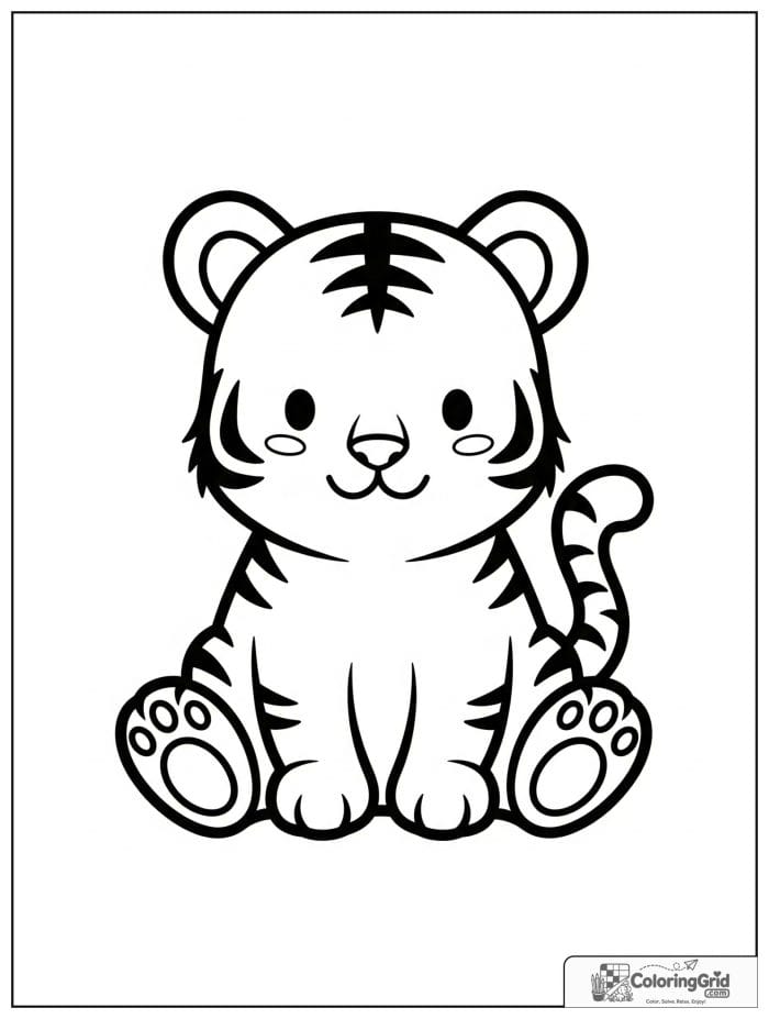 Smiling tiger cub sitting with simple stripes.