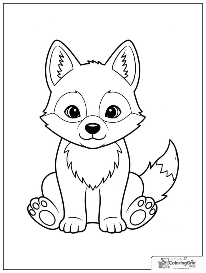 Smiling wolf cub sitting with pointed ears.