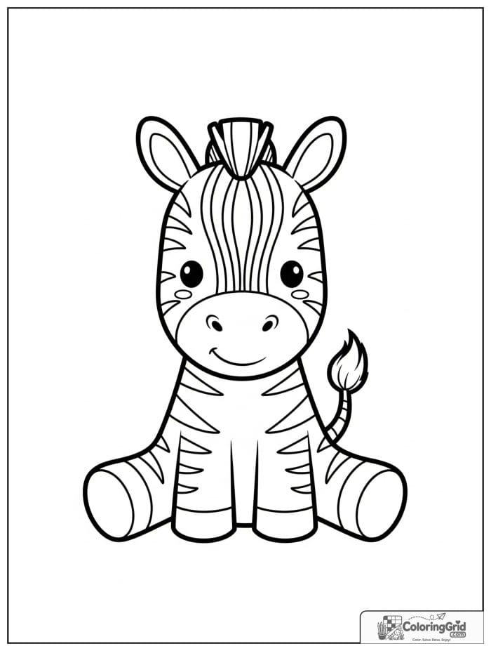 Smiling zebra foal sitting with simple stripes.