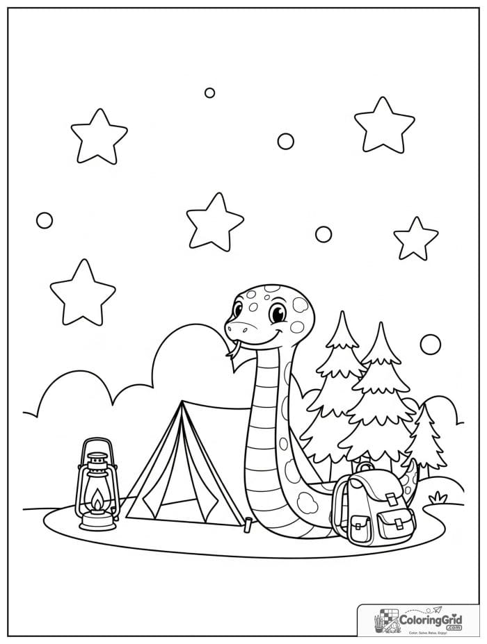 Friendly snake camping near a tent with a lantern, backpack, pine trees, and stars.