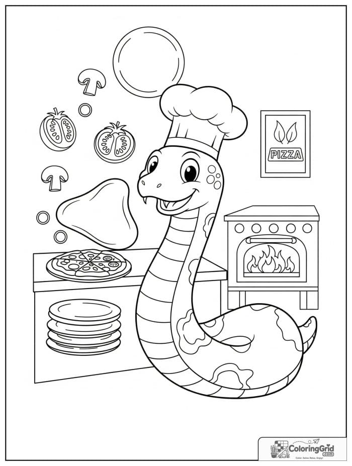Happy snake chef tossing pizza dough in a pizza shop with toppings, chef hat, oven, and plates.