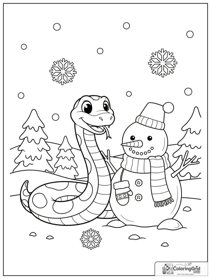 Delighted snake coiled beside a snowman in a snowy yard with scarf, mittens, pine trees, and snowflakes.