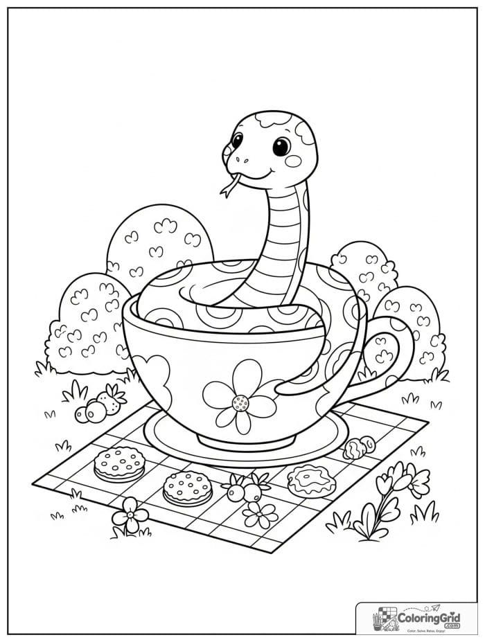 Cute snake coiled inside a giant teacup on a picnic blanket with cookies, berries, and flowers.