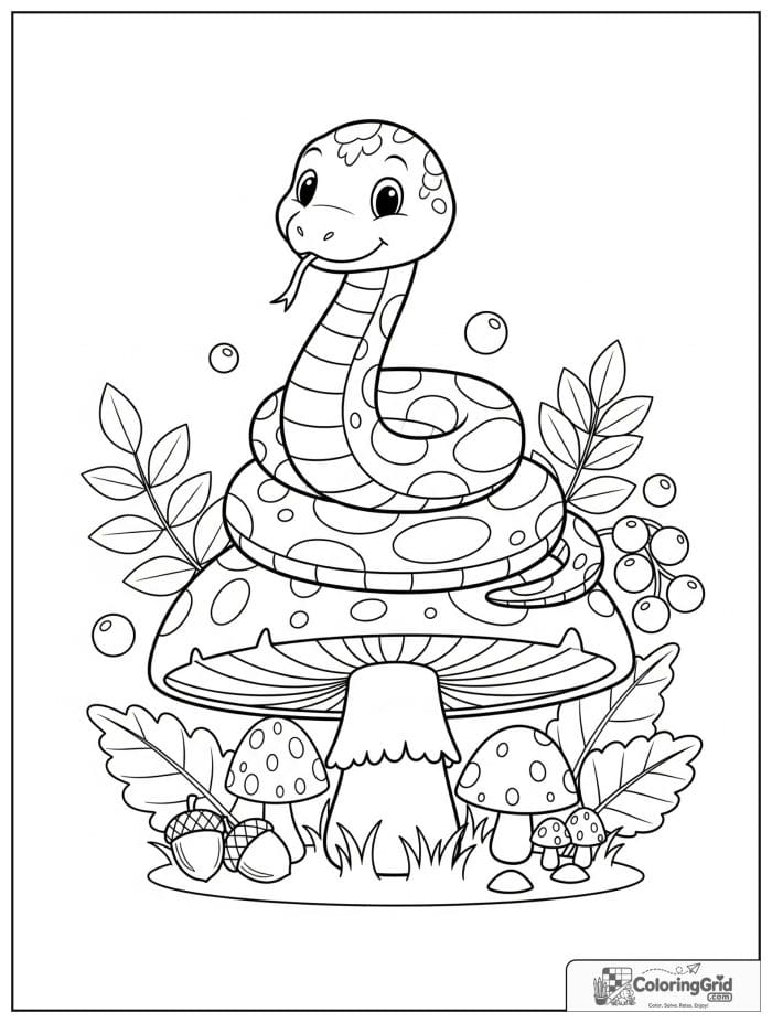 Friendly snake coiled on a giant mushroom in a woodland clearing with acorns, leaves, berries, and mushrooms.