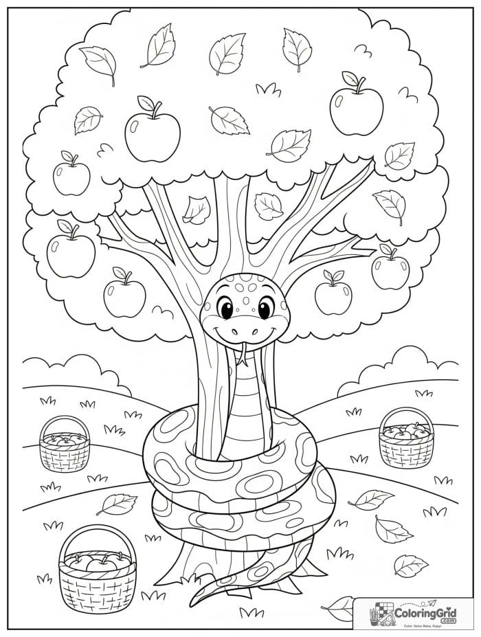 Friendly snake curled around an apple tree in an orchard with apples, baskets, leaves, and grassy hills.