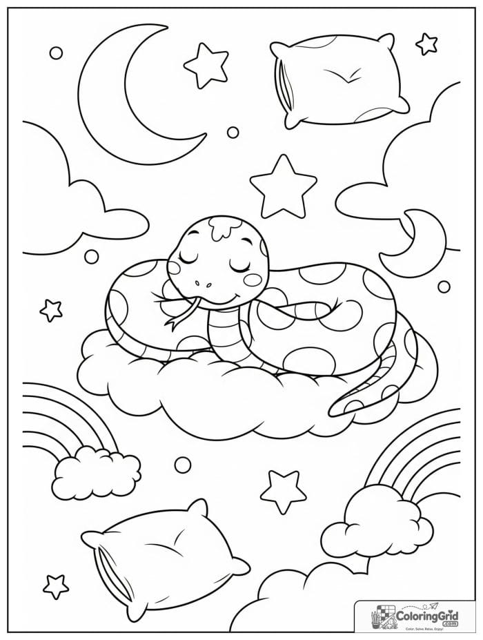 Sleepy snake curled on a fluffy cloud with crescent moon shapes, stars, rainbow arcs, and pillows.