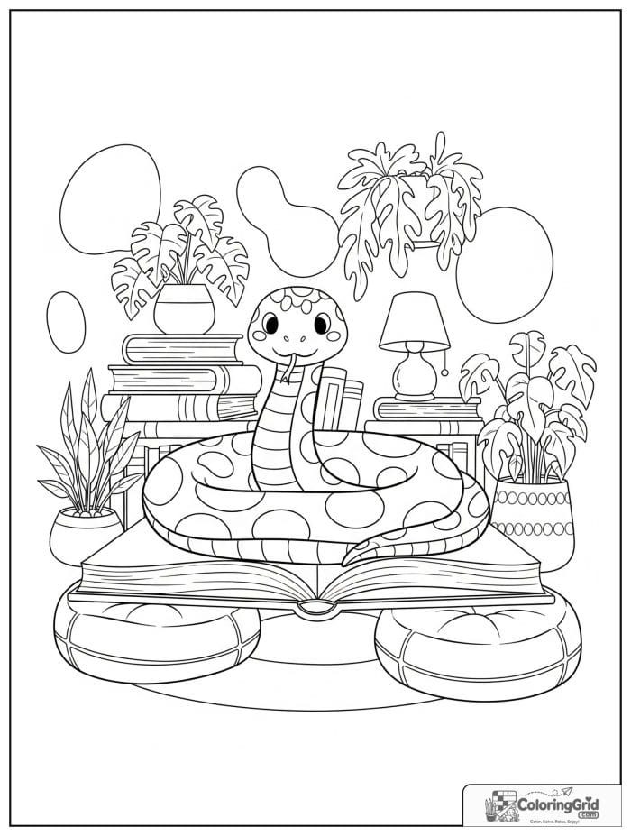 Calm snake curled on an open book in a reading nook with stacked books, cushions, lamp, and plants.