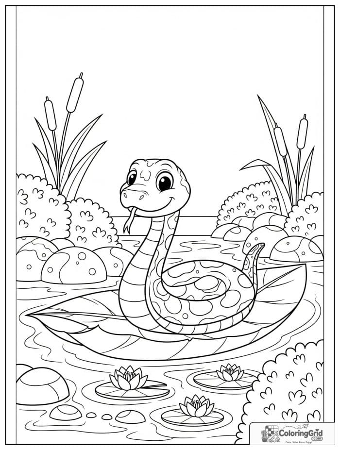 Curious snake floating on a leaf boat in a stream with stones, reeds, water lilies, and bushes.