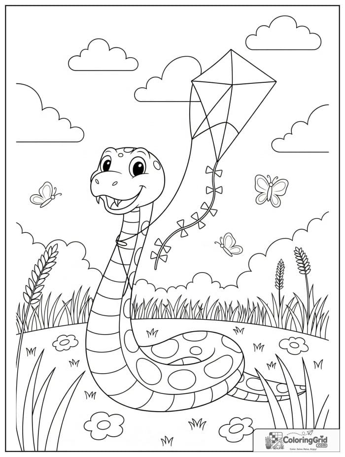 Joyful snake flying a kite in a meadow with butterflies, flowers, tall grass, and clouds.