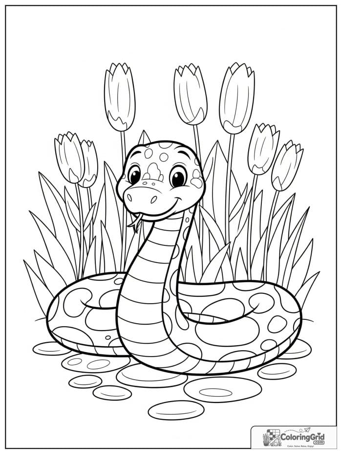 Friendly snake in a cheerful garden with big flowers, stepping stones, and simple playful shapes.