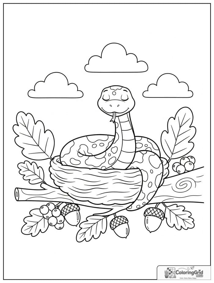 Sleepy snake curled in an empty bird nest on a branch with leaves, acorns, berries, and clouds.