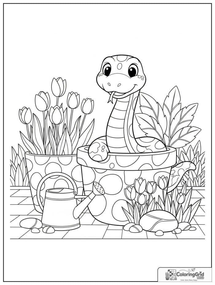 Happy snake peeking from a flower pot on a patio with tulips, watering can, stones, and plants.