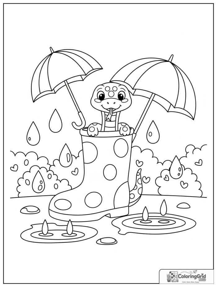 Cute snake peeking from a rain boot with puddles, raindrops, umbrella shapes, and garden bushes.