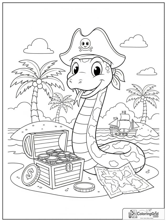 Cheerful snake pirate on a treasure island with a chest, coins, map, palm trees, and ship.