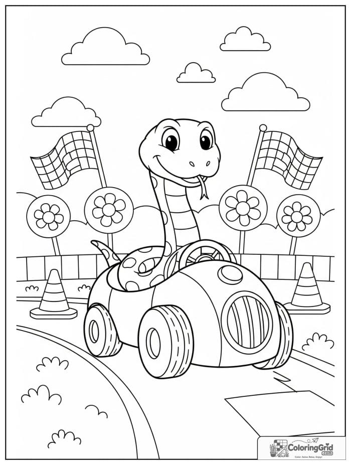 Excited snake driving a toy race car on a track with cones, flags, tires, and flower signs.