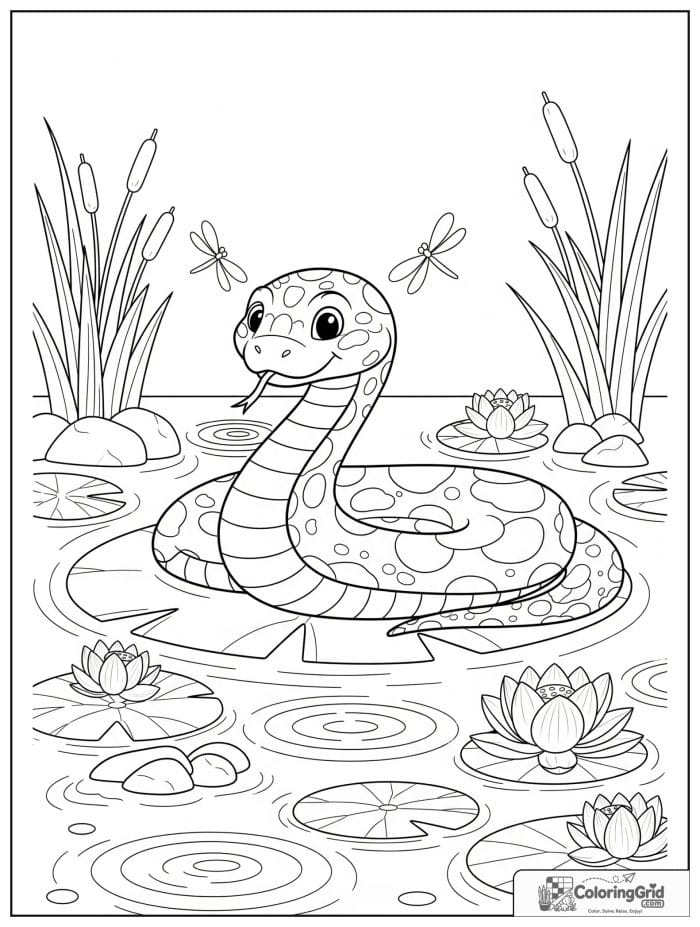 Calm snake resting on a lily pad in a pond with lotus flowers, ripples, dragonflies, and reeds.