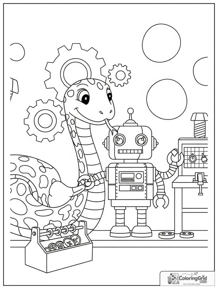 Clever snake building a friendly robot in a workshop with gears, bolts, toolbox, buttons, and workbench.