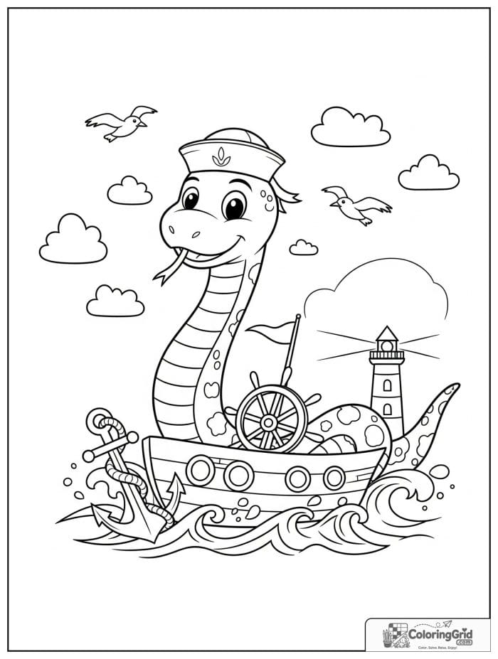 Joyful snake sailor steering a little boat with an anchor, seagulls, clouds, and lighthouse.