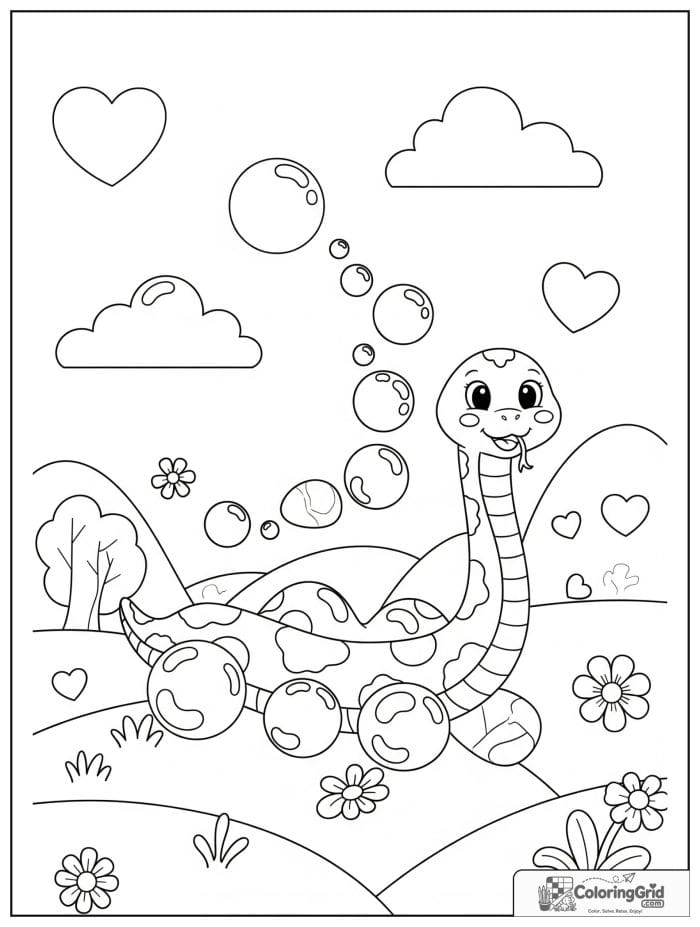 Joyful snake sliding along floating bubbles in a dreamy meadow with flowers, hills, hearts, and clouds.