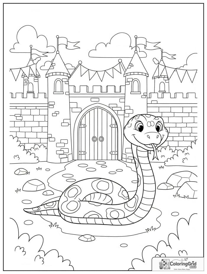 Brave snake sliding past a castle gate with towers, flags, round stones, and bushes.