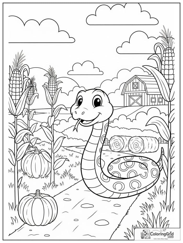 Cheerful snake sliding through a cornfield with pumpkins, hay bales, clouds, and a barn.