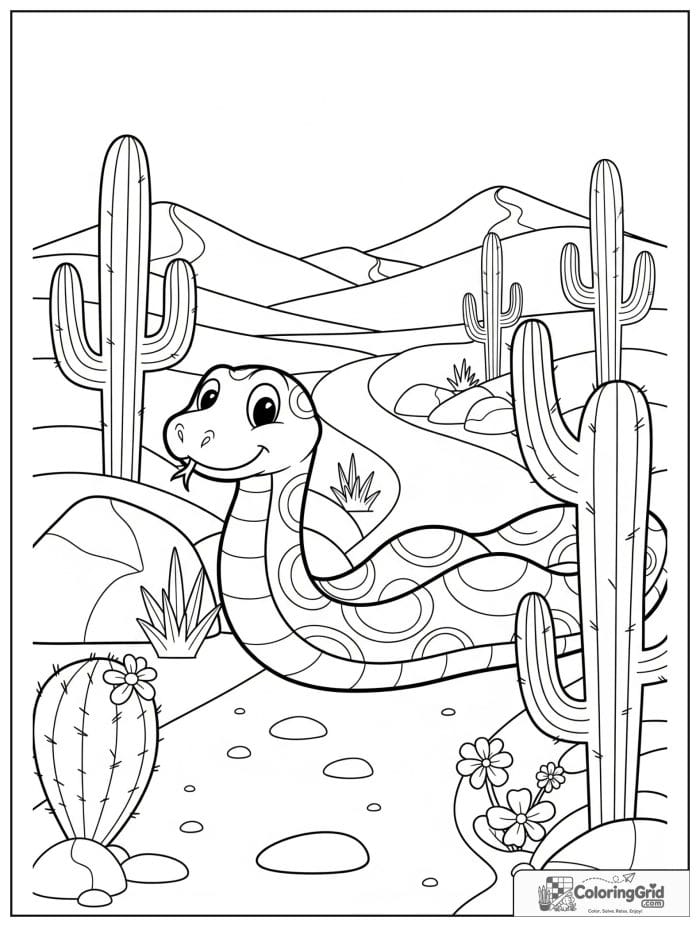 Cheerful snake sliding through a desert with cactus plants, rocks, flowers, and sandy dunes.