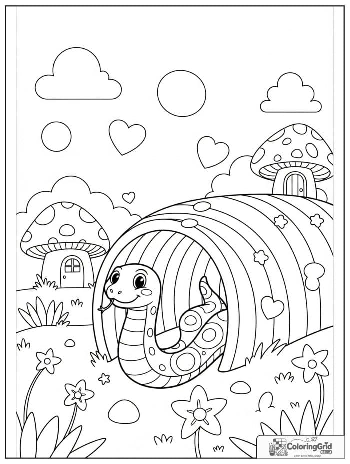 Curious snake sliding through a rainbow tunnel in a fantasy meadow with mushroom houses and clouds.