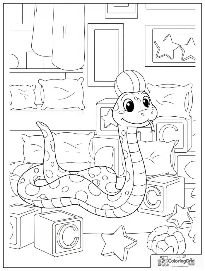 Playful snake sliding through toy blocks in a room with balls, pillows, shelves, and star toys.