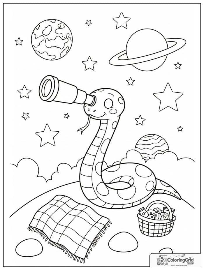 Curious snake stargazing with a telescope on a moonlit hill with planets, stars, and a snack basket.