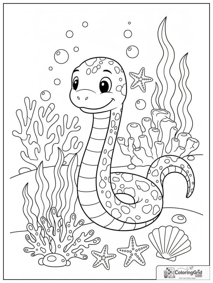 Playful sea snake swimming near coral with bubbles, starfish, seashells, and sea plants.