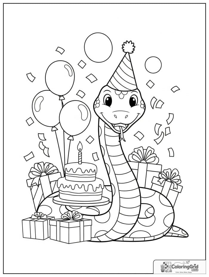 Joyful snake wearing a party hat beside a birthday cake, balloons, wrapped gifts, and confetti.