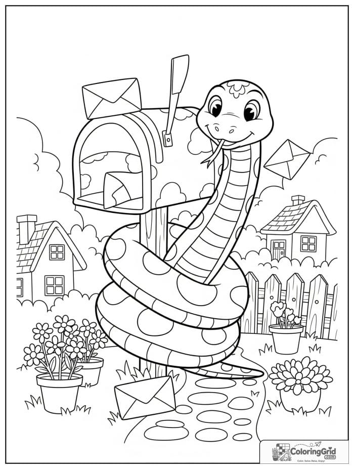 Happy snake wrapped around a mailbox on a village path with envelopes, flower pots, fence pieces, and cottages.